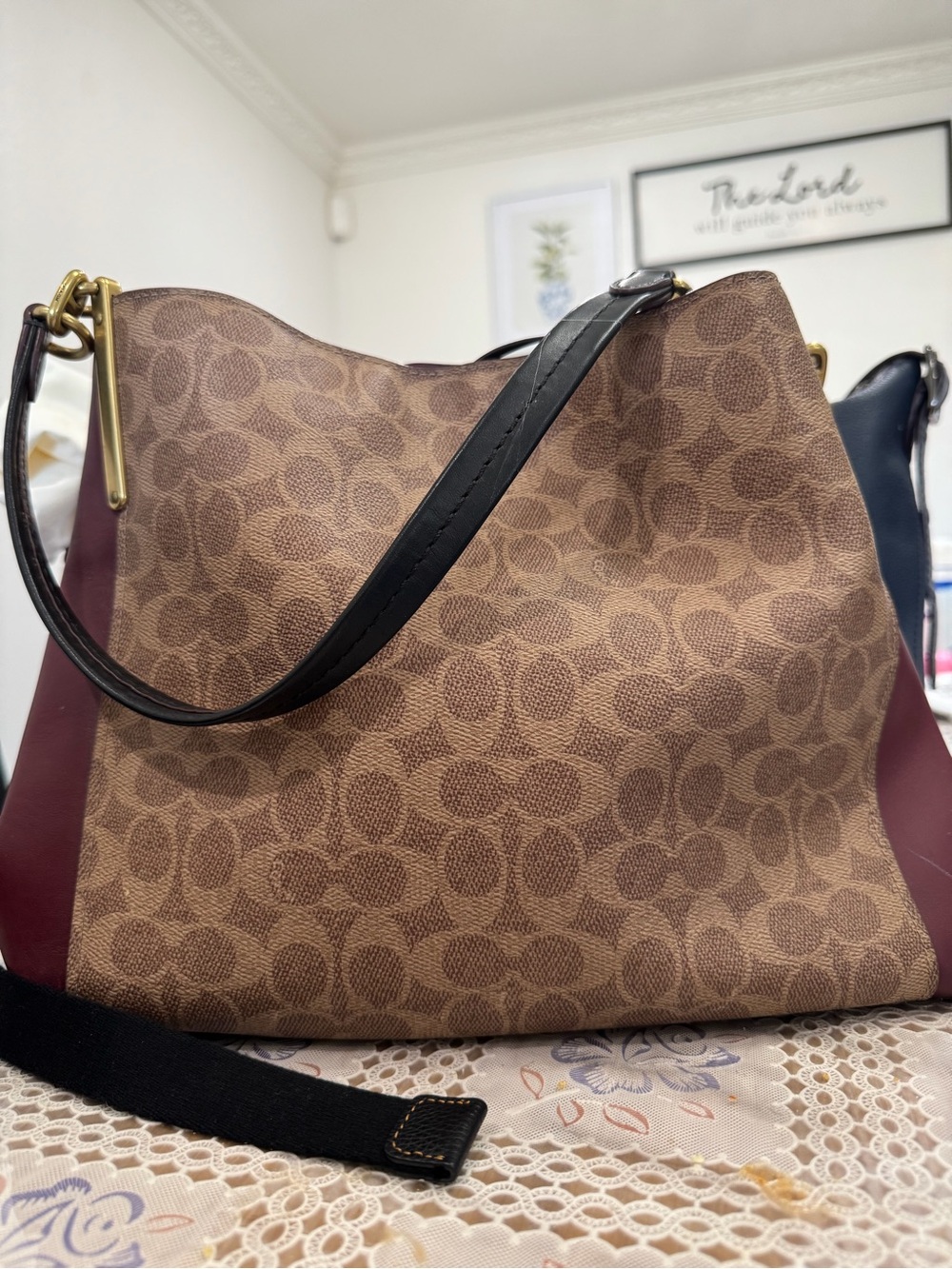 Coach Brown Signature Canvas Shoulder Bag with Burgundy Side Panels
